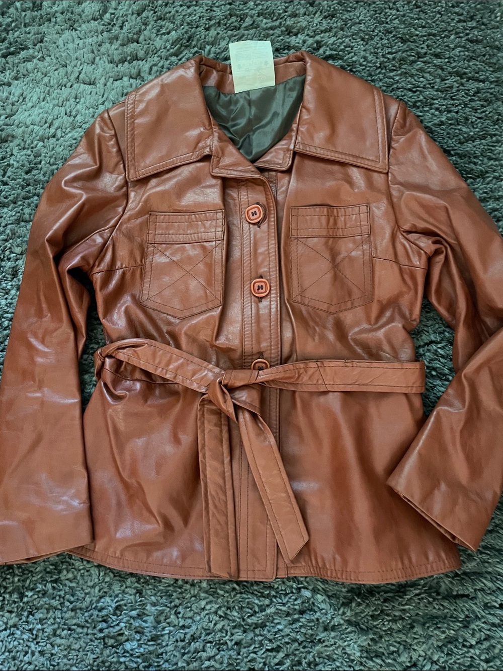Vintage 70s brown Leather Belted Jacket with stitch accents/large lapels